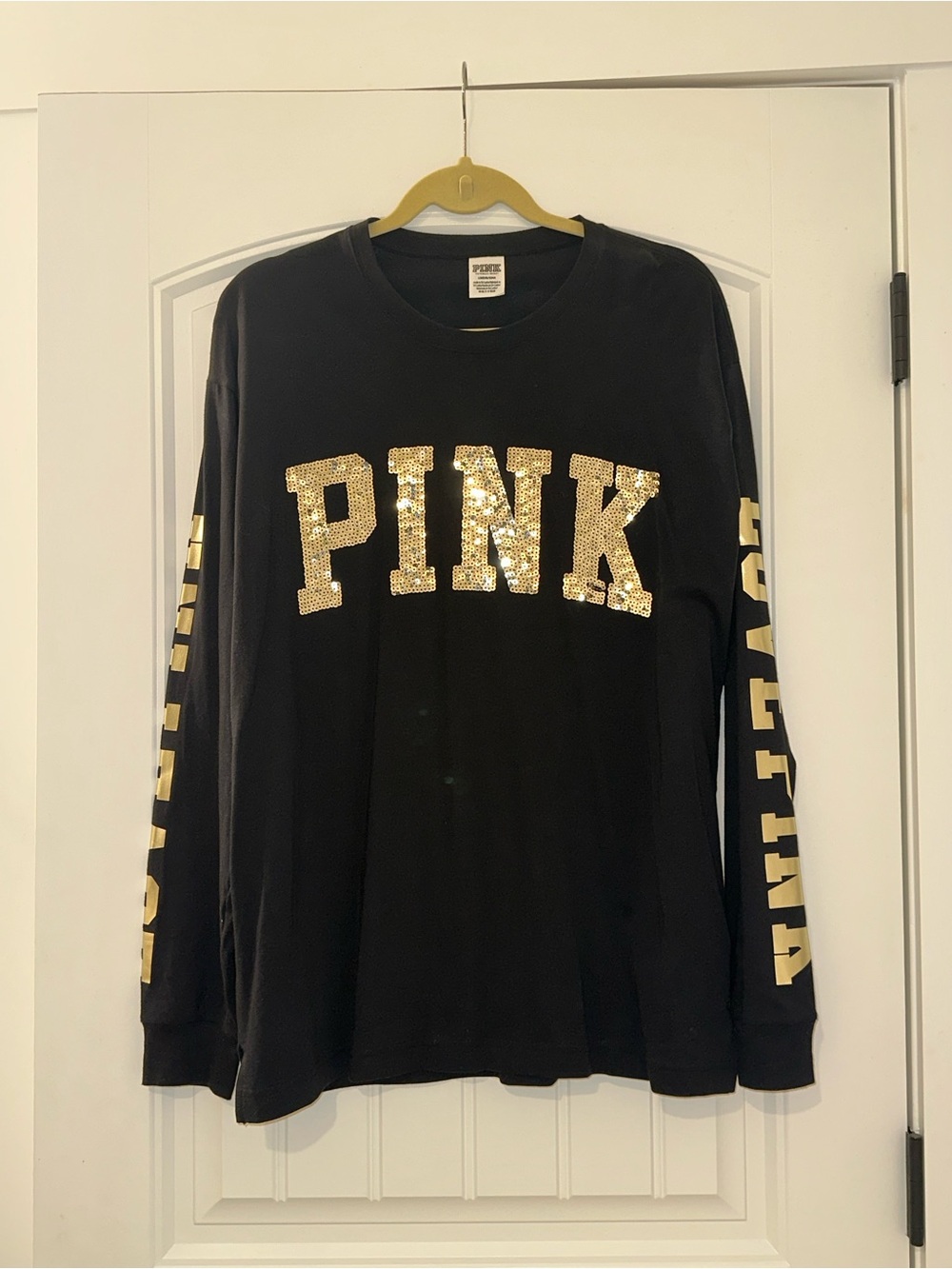 NWOT VS PINK Victoria's Secret Gold Bling Long Sleeve Jersey Top Shirt Sz L